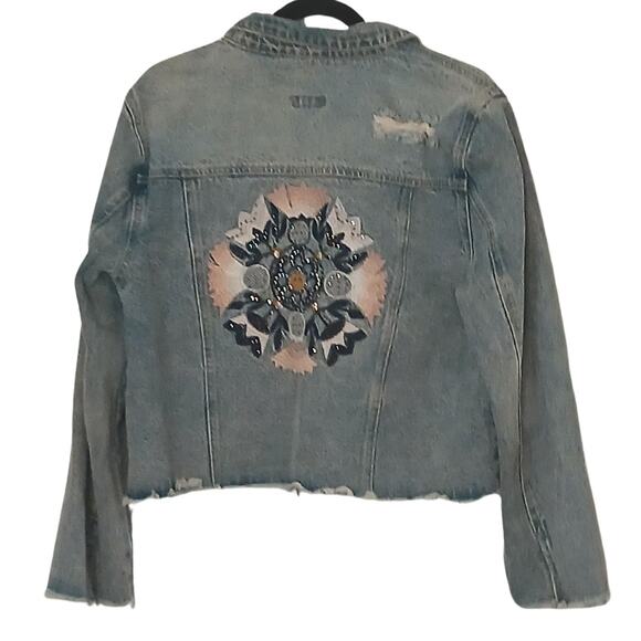 Bebe Jean Jacket XL Denim Embroidered Floral Beaded Raw Hem Distressed Pocket - Picture 3 of 7